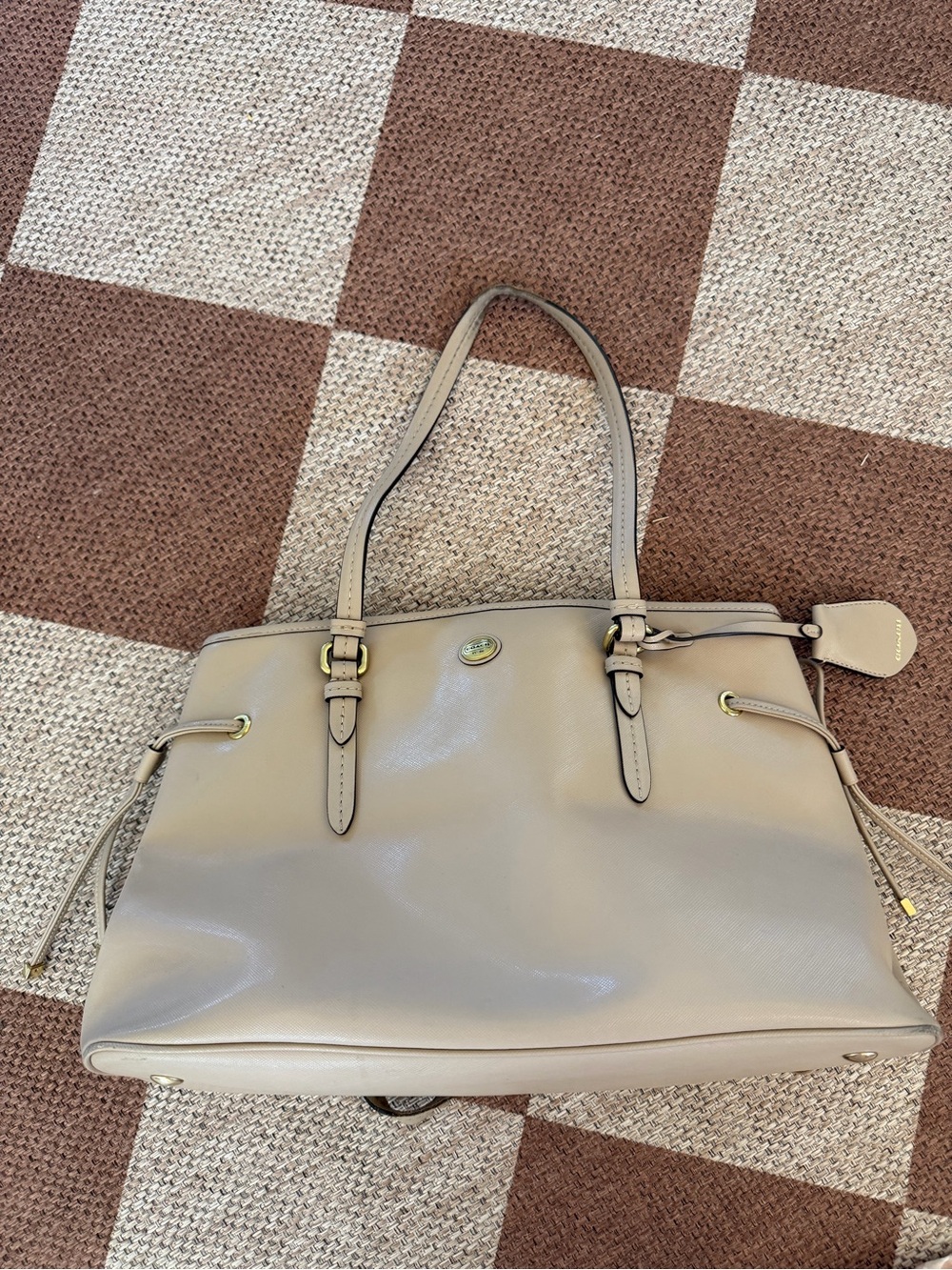 Coach Peyton F29362 Saffiano Leather Drawstring Carryall Tote Beige Nude